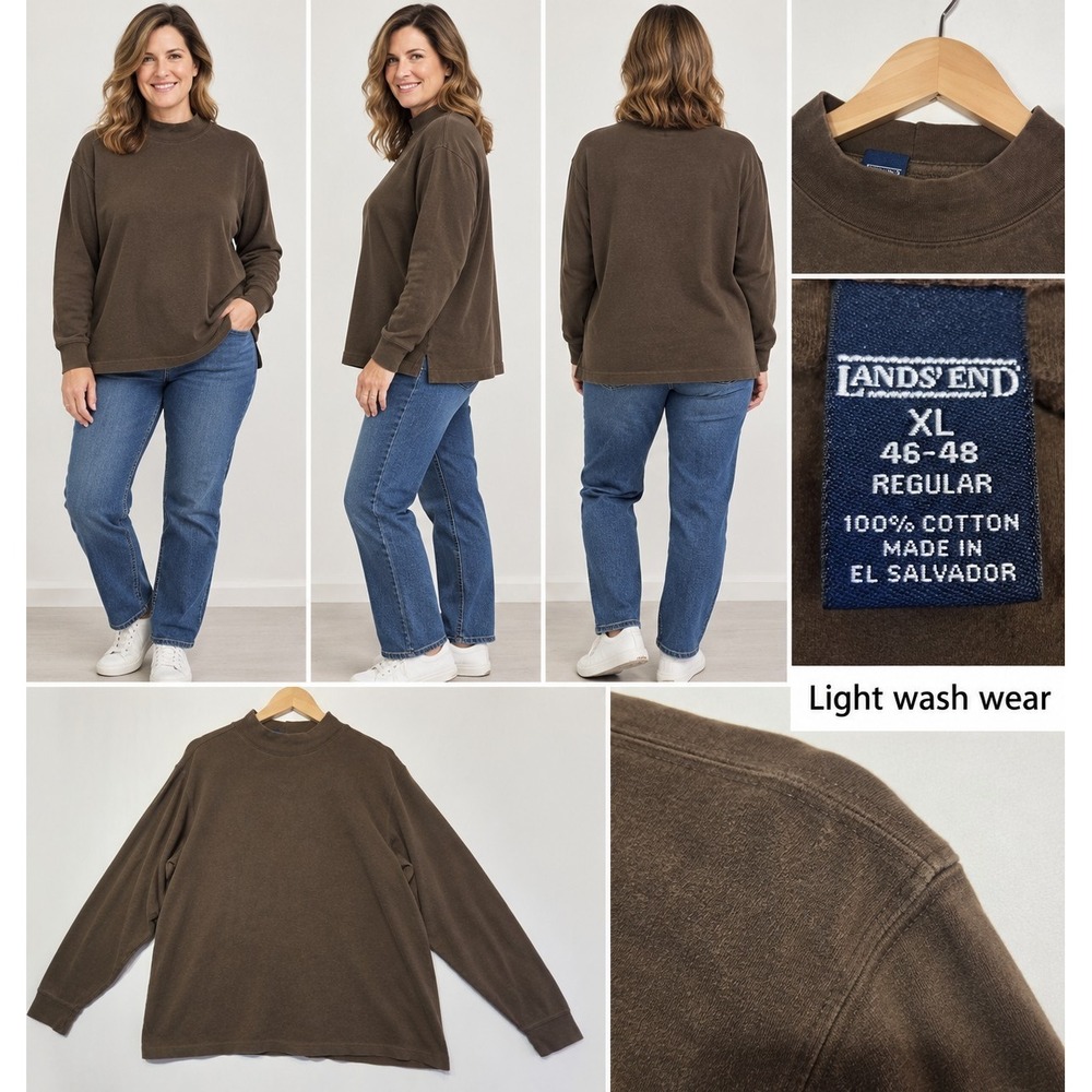 Lands' End Women's XL Brown Mock Neck Long Sleeve Cotton Blend Top